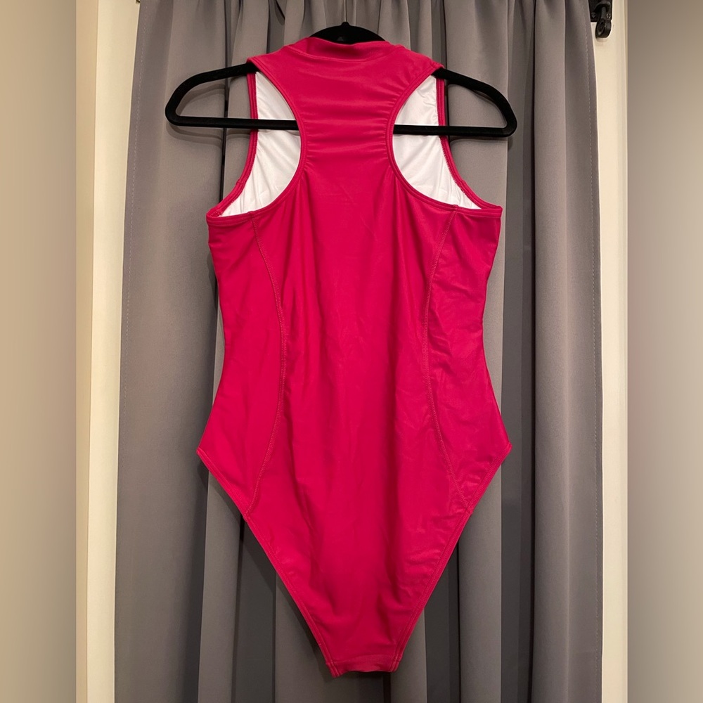 One Piece Zip Front Racerback Swimsuit Red Size L - Picture 3 of 8